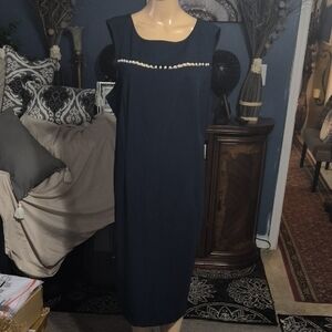 Blue Scoop Neck Embellished Midi Dress for Cocktail